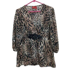 VTG Y2K Tape Measure Womens Babydoll Fairy Top Medium Brown Animal Print Beaded